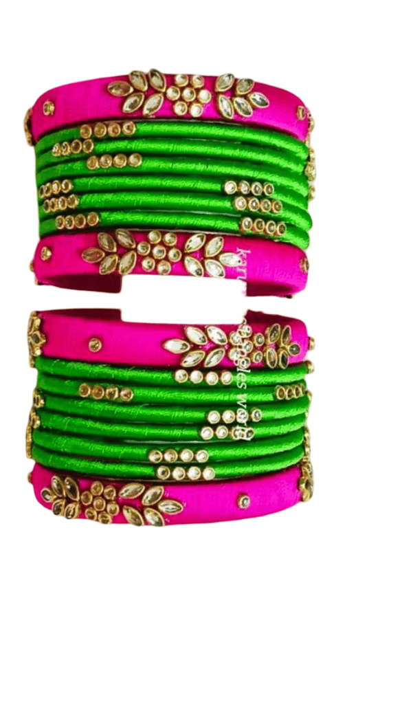 Pink and Green Silk Thread Bangles with Stone Embellishments