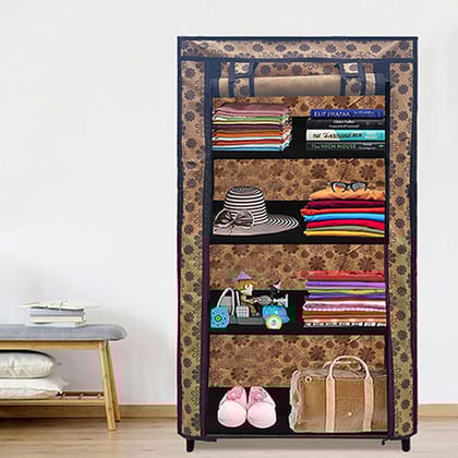 PHILOSHOP 4-Shelves Durable Metal Frame Modular Collapsible Wardrobe with 10-Inch Gapping in each Shelf  & 100 GSM Fabric in Multicolor