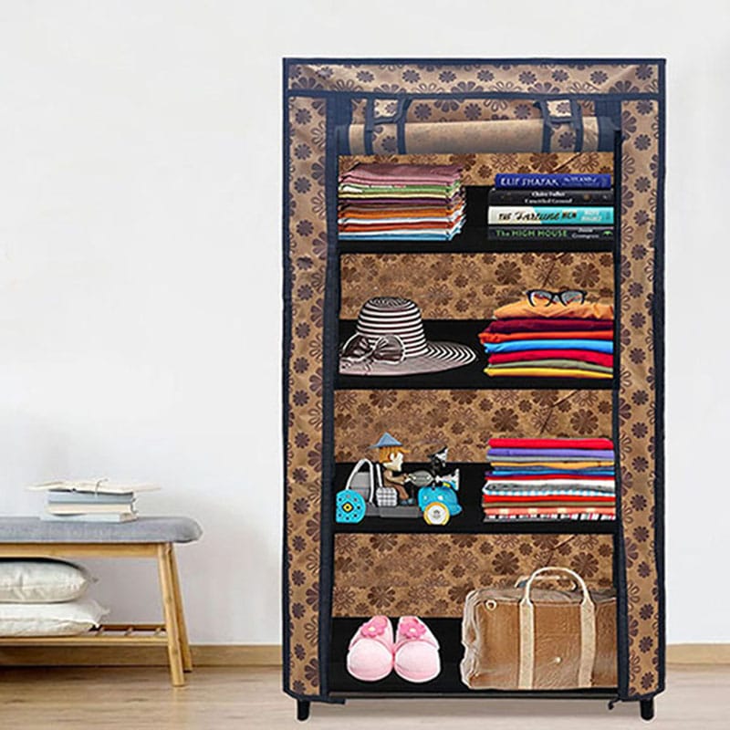 PHILOSHOP 4-Shelves Durable Metal Frame Modular Collapsible Wardrobe with 10-Inch Gapping in each Shelf  & 100 GSM Fabric in Multicolor