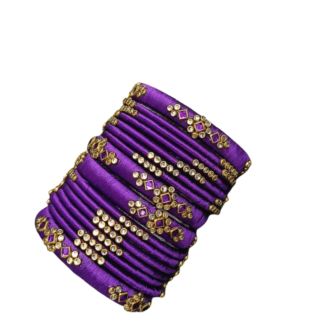 Purple Silk Thread Bangles with Rhinestone & Golden Accents