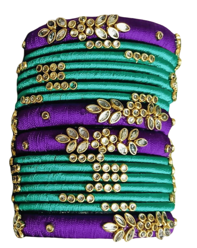 Purple & Teal Silk Thread Bangles with Stone Embellishments