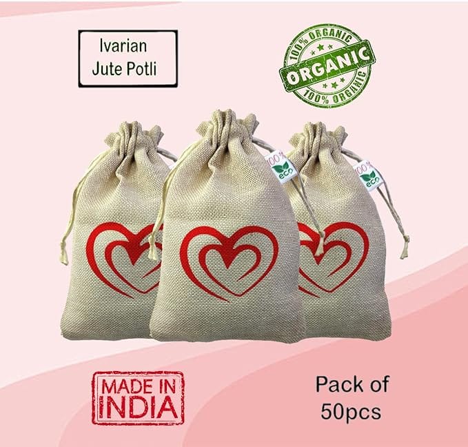 Ivarian - potlis for return gifts, jute potli bags, Drawstring Potli pouches (13x18cms, Heart, Set of 50)