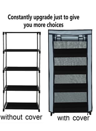 PHILOSHOP 4-Shelves Durable Metal Frame Modular Collapsible Wardrobe with 10-Inch Gapping in each Shelf  & 100 GSM Fabric 