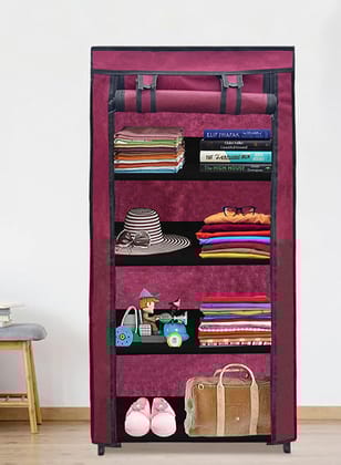 PHILOSHOP 4-Shelves Durable Metal Frame Modular Collapsible Wardrobe with 10-Inch Gapping in each Shelf  & 100 GSM Fabric in Maroon
