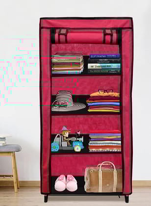 PHILOSHOP 4-Shelves Durable Metal Frame Modular Collapsible Wardrobe with 10-Inch Gapping in each Shelf  & 100 GSM Fabric in Pink