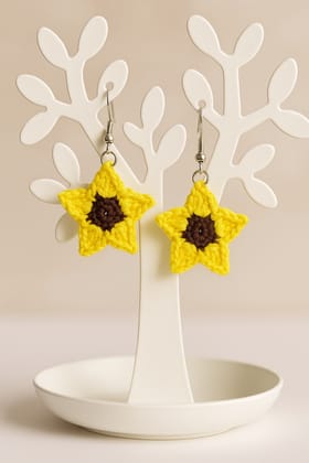 Handmade Crochet Sunflower Earrings - Star Shaped, Yellow & Brown