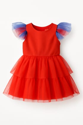 Red Tiered Dress with Blue Sleeves