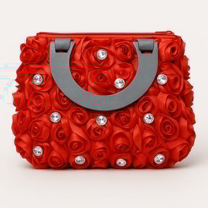 Red Rose Embellished Handbag - Floral Evening Bag