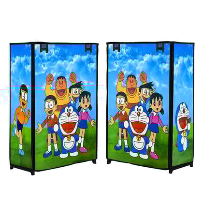 Philoshop 4 Layer Kids Shoe Rack with Cover – Doraemon Blue | Cartoon Print Metal Frame Organizer | Fun & Dustproof Shoe Storage for Children
