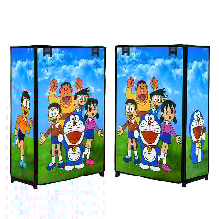 Philoshop 4 Layer Kids Shoe Rack with Cover – Doraemon Blue | Cartoon Print Metal Frame Organizer | Fun & Dustproof Shoe Storage for Children