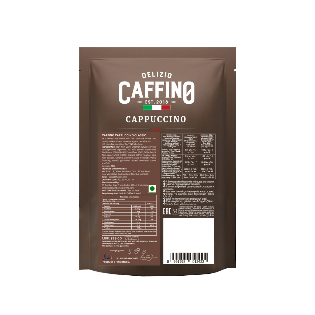 CAFFINO Cappuccino Classic Coffee with Real Milk & Real Coffee, 200g Pack (10 Sachet X 20g), Instant Coffee, The Product of Indonesia (Imported)