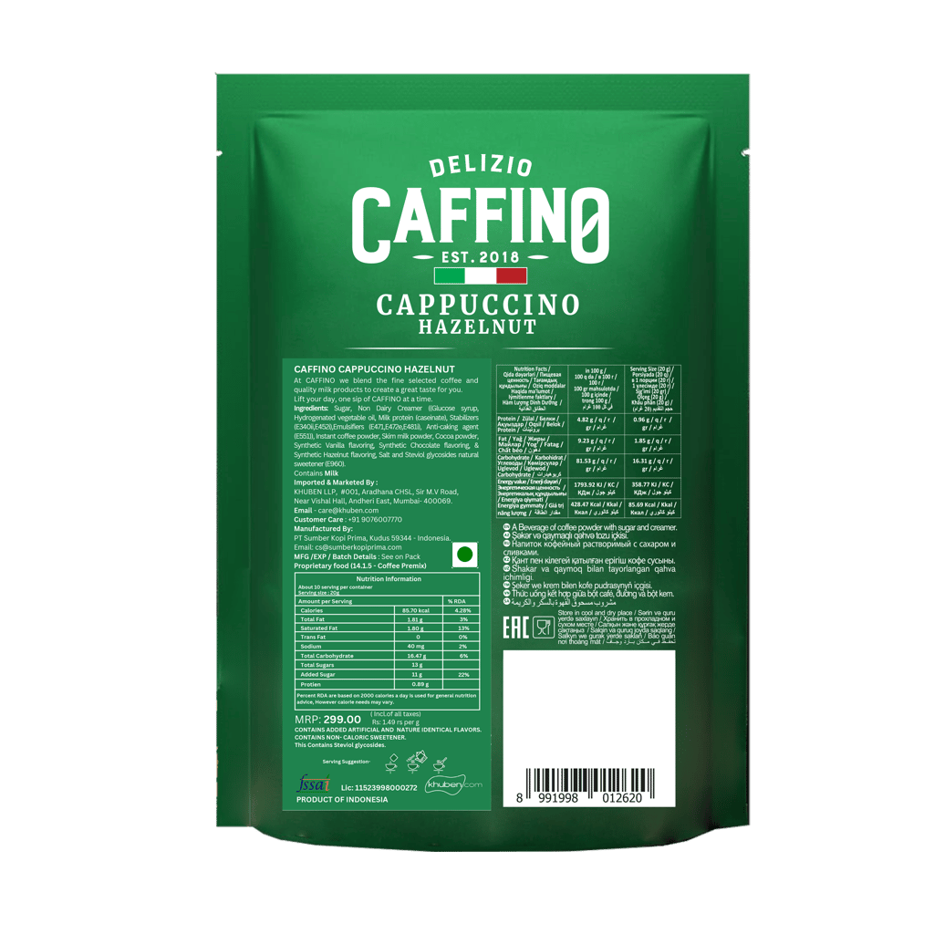 CAFFINO Cappuccino Hazelnut Coffee with Real Milk & Real Coffee, 200g Pack (10 Sachet X 20g), Instant Coffee, The Product of Indonesia (Imported)