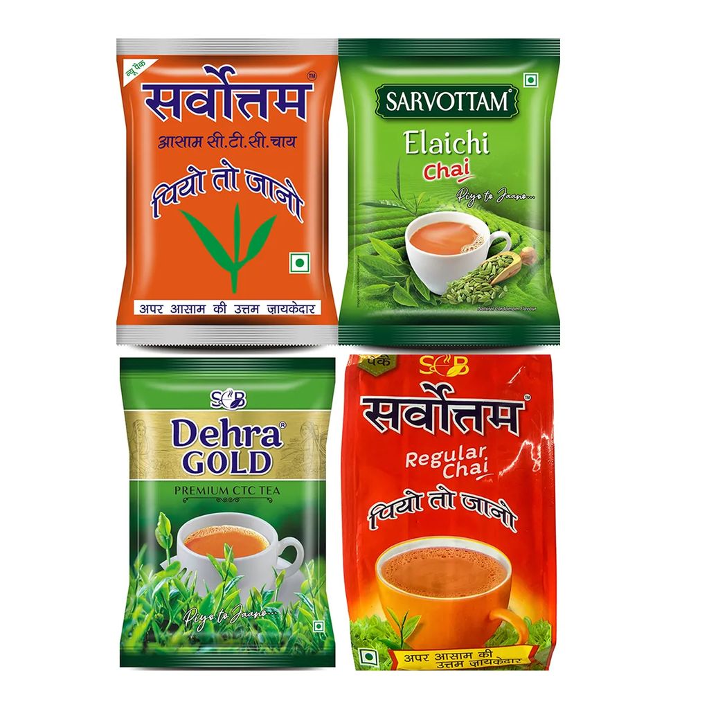 Sarvottam Premium Assam CTC, Dehra Gold Premium CTC, Elaichi Chai & Regular Chai, 1kg (Pack of 4, 250g each), Super Saver Variety Combo Pack