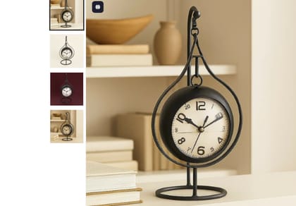 Antique Hanging Table Clock with Iron Stand – Vintage Style Desk Clock with Rustic Black Frame and Classic Analog Dial – Decorative Timepiece for Home, Office, Living Room & Gifting