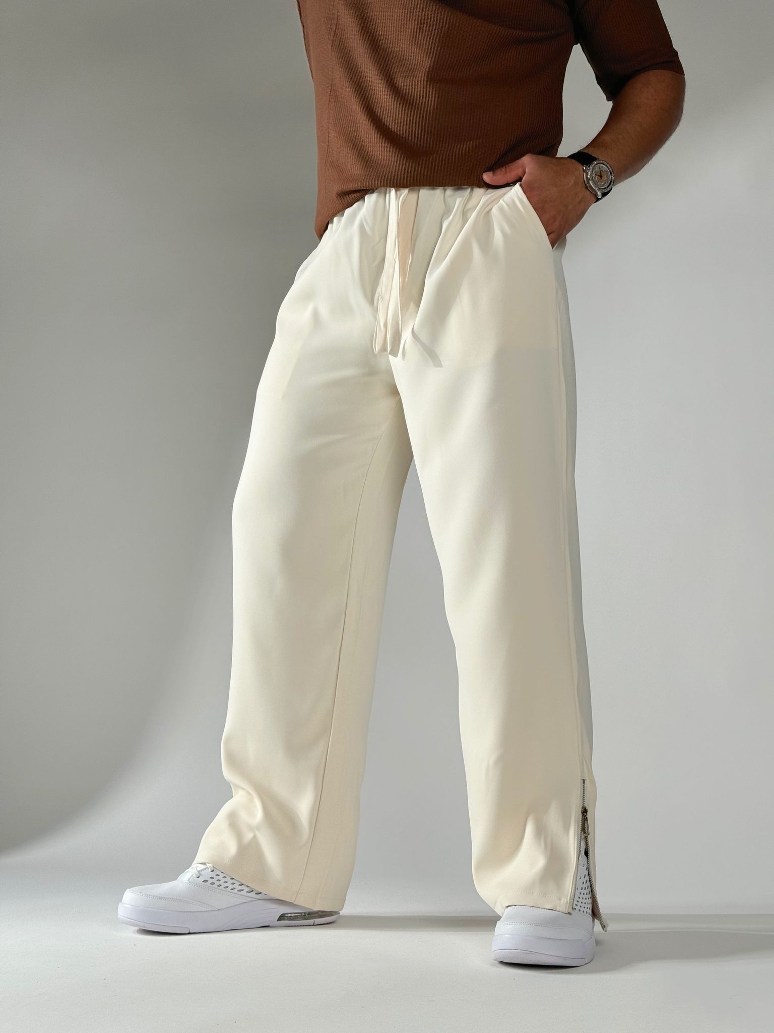 Ivory Korean Street Fit Ice Silk Viscose Jogger Pants-Small / Ivory / Enzo KOREAN STREET FIT ICE SILK VISCOSE JOGGER PANTS