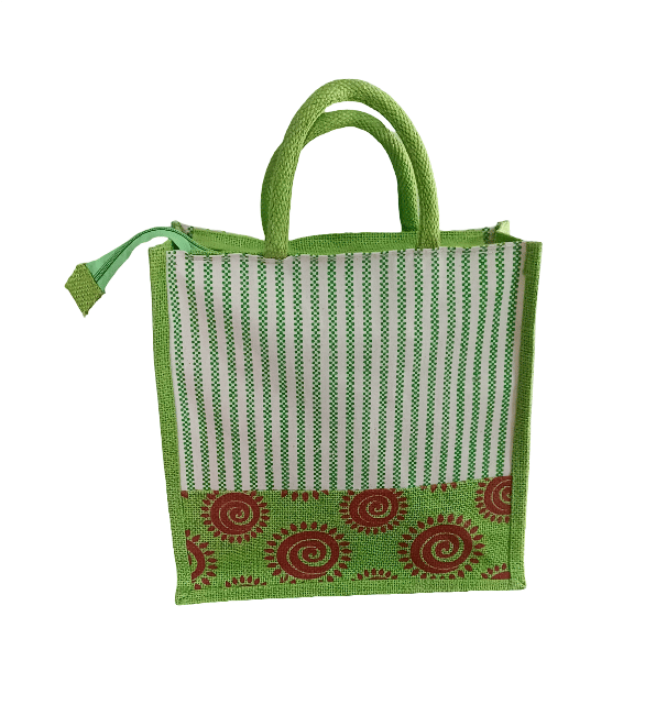 Eco-Friendly Jute Tote Bag with Green Stripe & Spiral Design