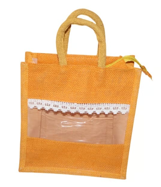 Orange Jute Bag with White Lace and Transparent Window
