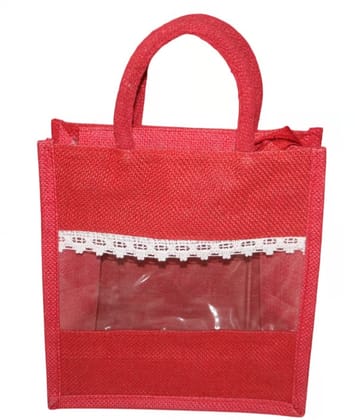 Red Jute Bag with Lace Window - Eco-Friendly Shopping Tote Red Jute Bag with Lace Window - Eco-Friendly Shopping Tote
