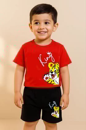 King Tiger Print Kids' Red T-Shirt & Black Shorts Set