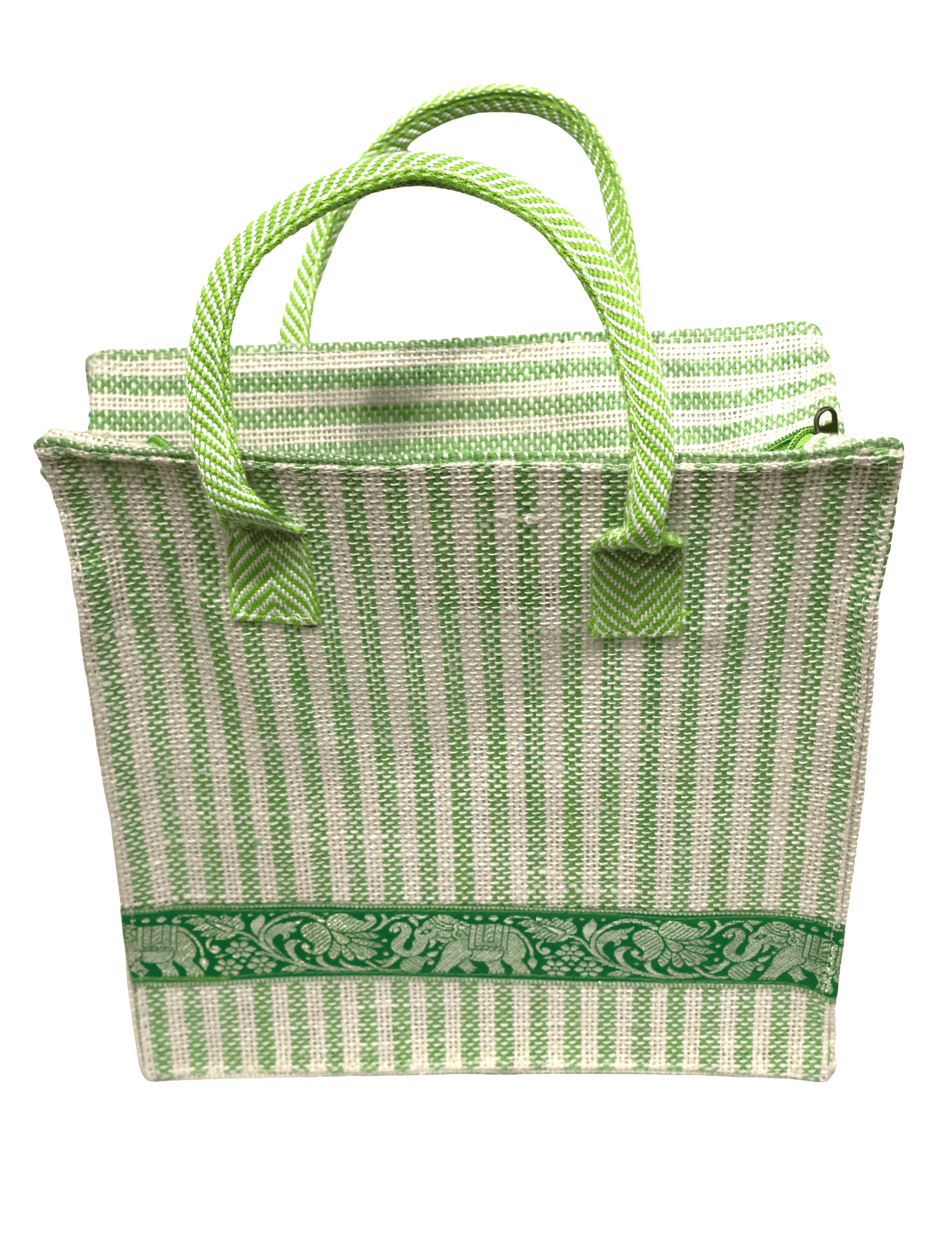 Green Striped Handbag with Decorative Border