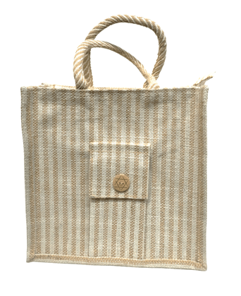 Eco-Chic Striped Jute Tote Bag with Wooden Button