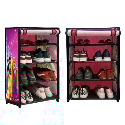 PHILOSHOP 4 Layer Metal Shoe Rack with Princess Pink Cover – Cute & Durable Shoe Organizer for Kids Room"