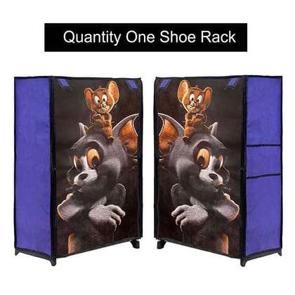 PHILOSHOP 4 Layer Metal Shoe Rack with Tom & Jerry Blue Cover – Fun & Sturdy Shoe Organizer for Kids and Home Use