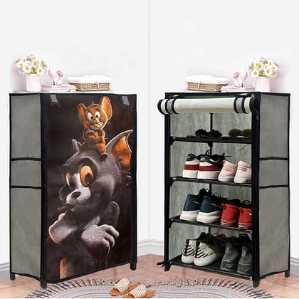 PHILOSHOP 4 Layer Metal Shoe Rack with Tom & Jerry Grey Cover – Cartoon-Themed Shoe Organizer for Kids & Home Use"