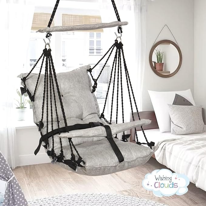 Wishing Clouds Piccolo Swing For Baby, Uyyala For Kids, Jhula For Baby, Swing For Kids With Cotton Filling And Leg Lock Mechanism With S Hook (Jute, Grey) - 35 Cm, 45 Cm
