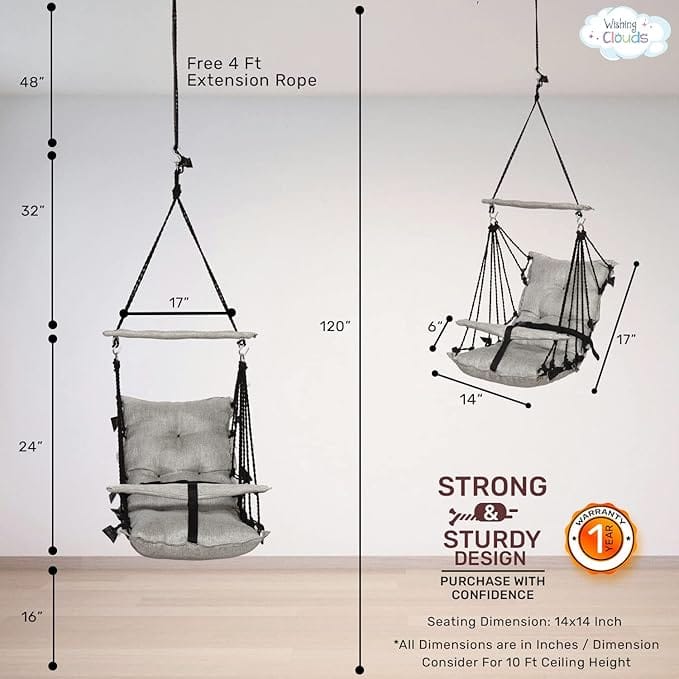 Wishing Clouds Piccolo Swing For Baby, Uyyala For Kids, Jhula For Baby, Swing For Kids With Cotton Filling And Leg Lock Mechanism With S Hook (Jute, Grey) - 35 Cm, 45 Cm