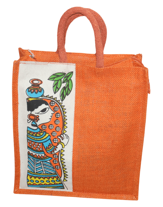 Orange Jute Tote Bag with Hand-Painted Traditional Art