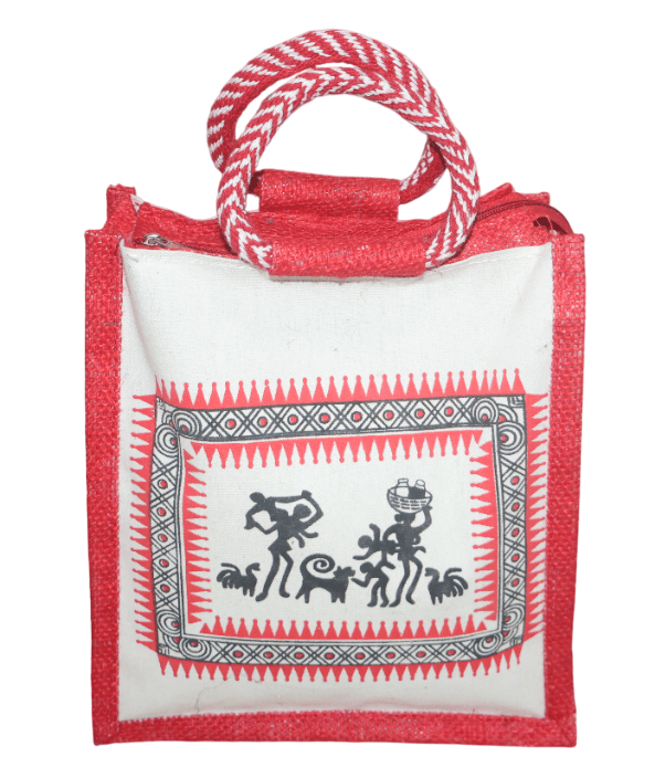 Red Jute Handbag with Tribal Art