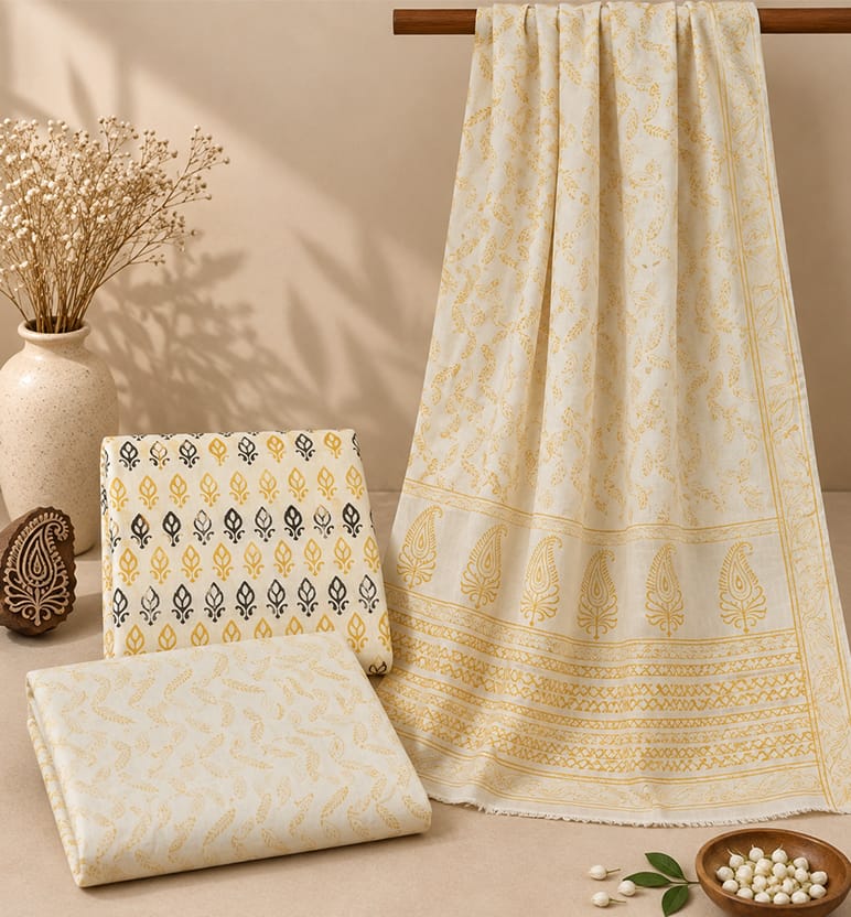 Handcrafted Bagh Print Cotton 3 Piece Suit Set