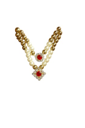 Elegant Gold-Toned Faux Pearl Necklace with Red Stone Pendants Elegant Gold-Toned Faux Pearl Necklace with Red Stone Pendants