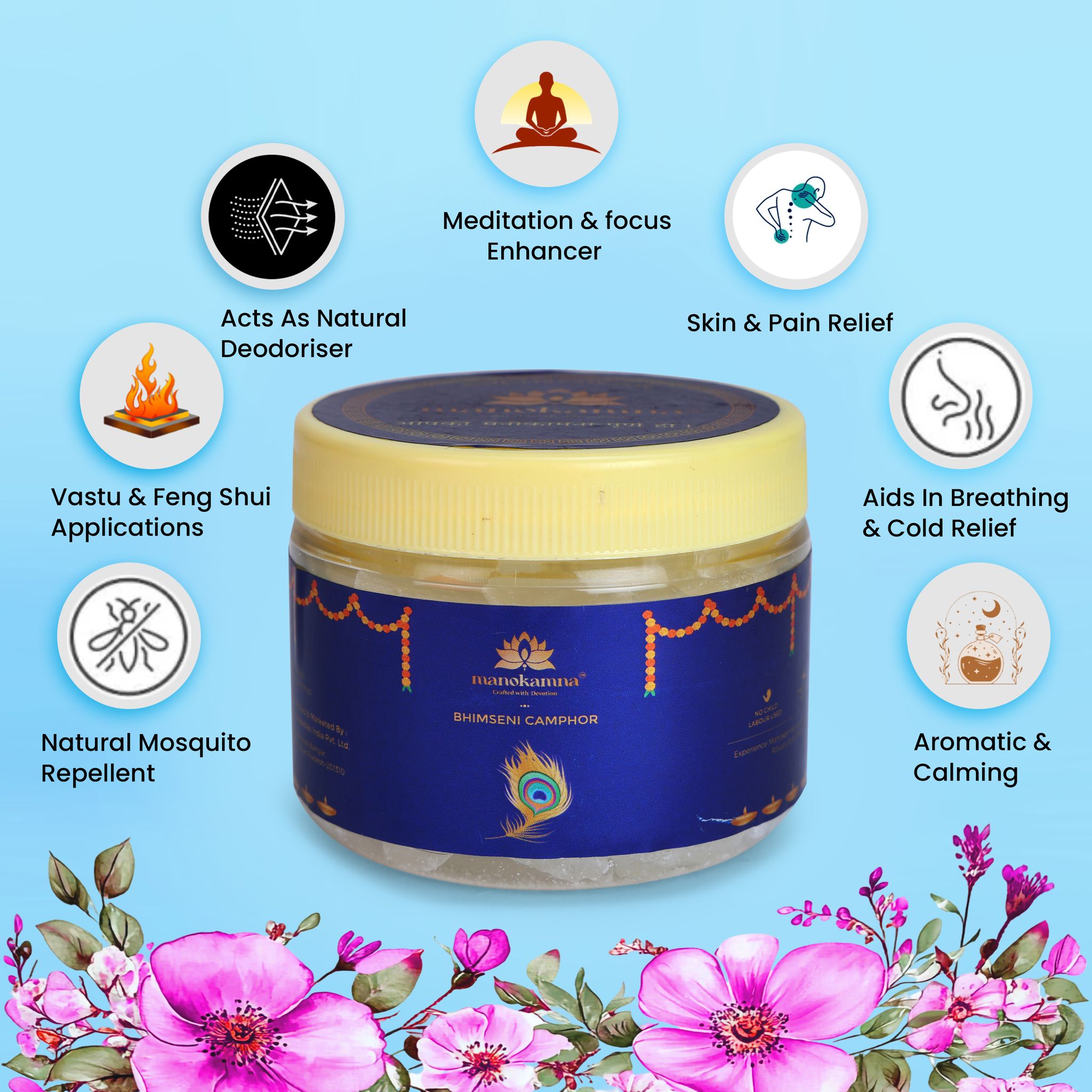 Manokamna Divine Bhimseni Camphor – Traditional Remedy with Spiritual Essence | Ayurvedic Grade & Organic | Strong Aroma for Healing & Puja