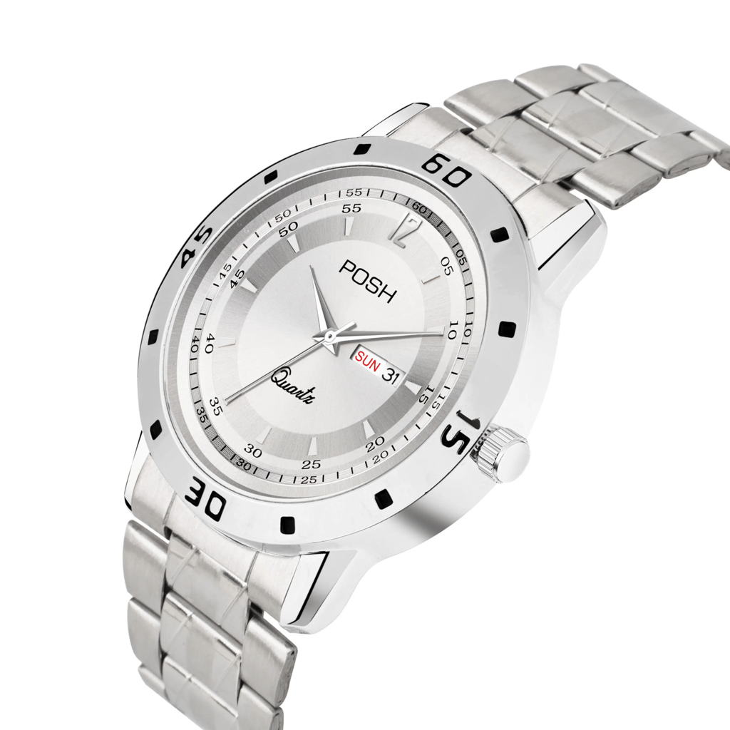 Wektu/POSH Premium Luxury Silver Watch with Engraved Detail