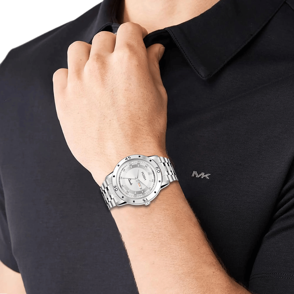 Wektu/POSH Premium Luxury Silver Watch with Engraved Detail