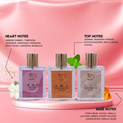 Red Vocal Bad Angel Premium (Women) ,Millionaire Men Premium (Men), Floral Romance Luxury (Women)100ml Perfume Spray Combo – 3 x 100ml