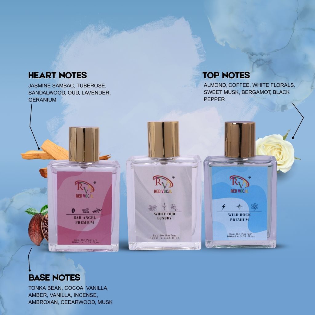 Red Vocal Bad Angel Premium with White Oud Luxury and Wild Rock Premium 100ml Combo Perfume Spray 3*100ml