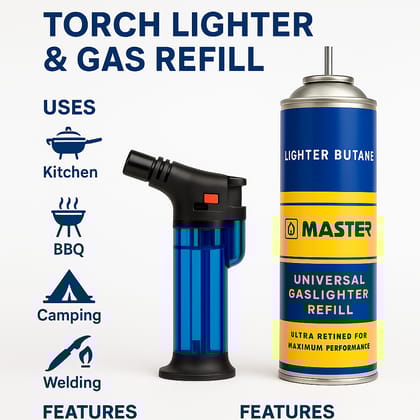 Master Gas Torch Lighter with Butane Refill Can 750ml – Adjustable Flame Kitchen Blow Torch for Cooking, BBQ, Baking & Welding