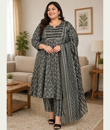 Wonder Weaves Women Cotton Blend Printed A-line Kurti With Pants ( Grey )