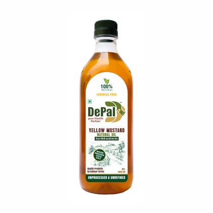 DePal Wood Cold Pressed Yellow Mustard Natural Oil - 1 Litre - Chemical Free | Pure Oil For Healthy Cooking | Ideal For Frying , Cooking & Pickle Making | Antioxidants and Omega 3 Rich | Virgin | Raw |