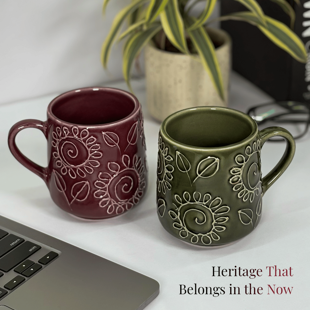 Heritales Twin Bloom Ceramic Mugs for Coffee, Milk & Tea Lovers – 350 ML | Handcrafted in India | Vegan, Bone China-Free | Microwave, Dishwasher & Freezer Safe | Premium Artisanal Mug–  Set of 2