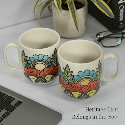 Heritales Utsav Multicolor Ceramic Mug for Coffee, Milk & Tea Lovers – 350 ML | Handcrafted in India | Vegan, Bone China-Free | Microwave, Dishwasher & Freezer Safe | Premium Artisanal Mug–  Set of 2
