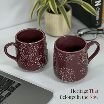 Heritales Kokum Bloom Ceramic Mug for Coffee, Milk & Tea Lovers – 350 ML | Handcrafted in India | Vegan, Bone China-Free | Microwave, Dishwasher & Freezer Safe | Premium Artisanal Mug–  Set of 2