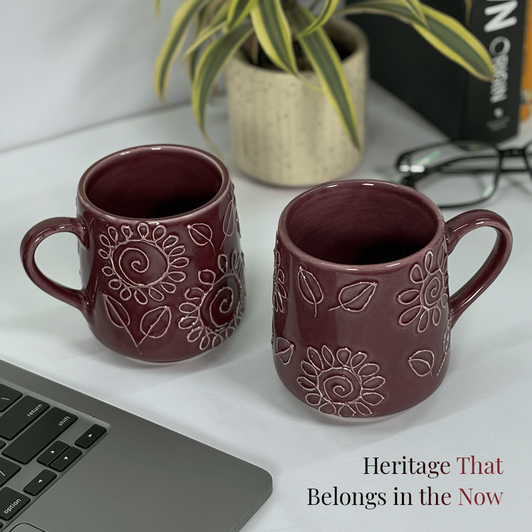 Heritales Kokum Bloom Ceramic Mug for Coffee, Milk & Tea Lovers – 350 ML | Handcrafted in India | Vegan, Bone China-Free | Microwave, Dishwasher & Freezer Safe | Premium Artisanal Mug–  Set of 2