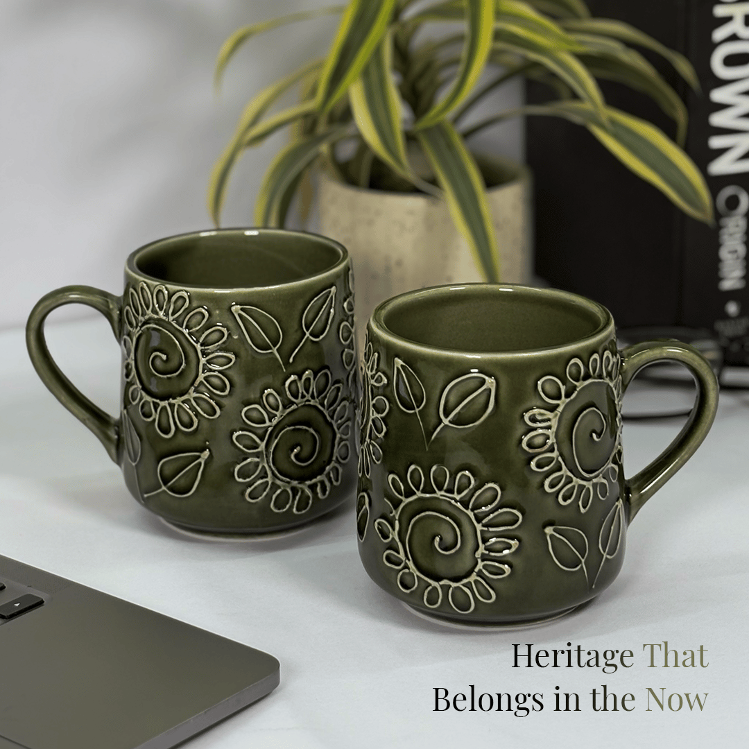 Heritales Olive Bloom Ceramic Mug for Coffee, Milk & Tea Lovers – 350 ML | Handcrafted in India | Vegan, Bone China-Free | Microwave, Dishwasher & Freezer Safe | Premium Artisanal Mug–  Set of 2