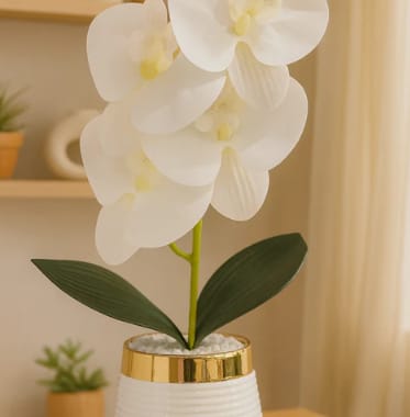 Elegant White Artificial Orchid in Gold-Trimmed Vase