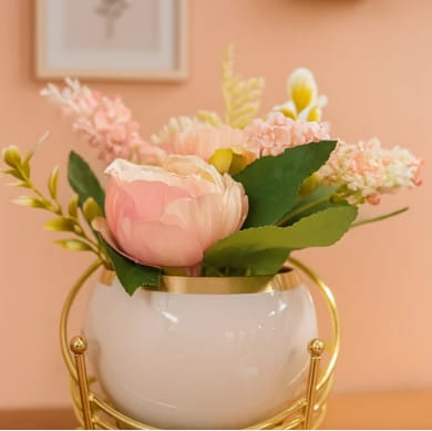 Elegant Artificial Flower Arrangement with White Pot & Gold Stand