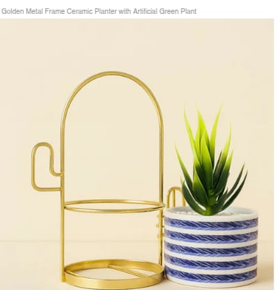Golden Metal Frame Ceramic Planter with Artificial Green Plant